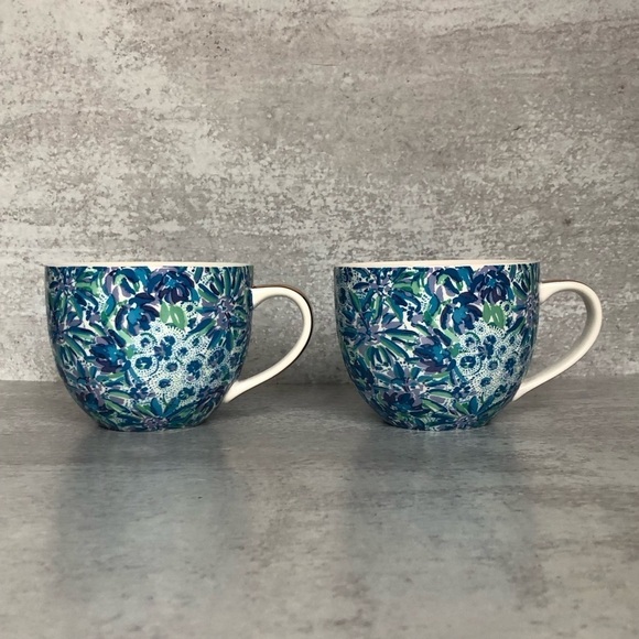 Lilly Pulitzer Ceramic Mugs Cups 2 Piece Blue Floral Print - Picture 7 of 10